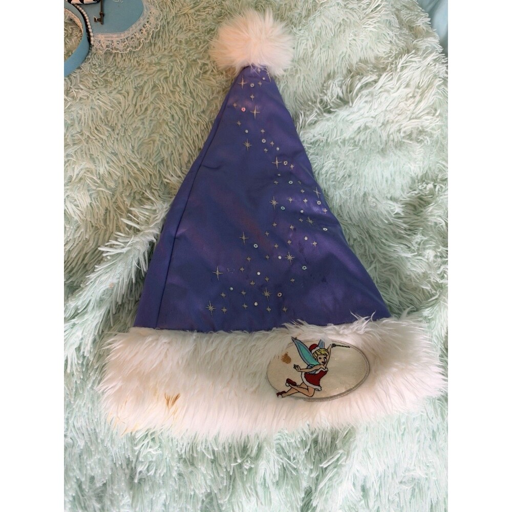 Disney Parks Tinker Bell Santa Hat Blue Satin Sequin Stars Holiday Christmas WDW